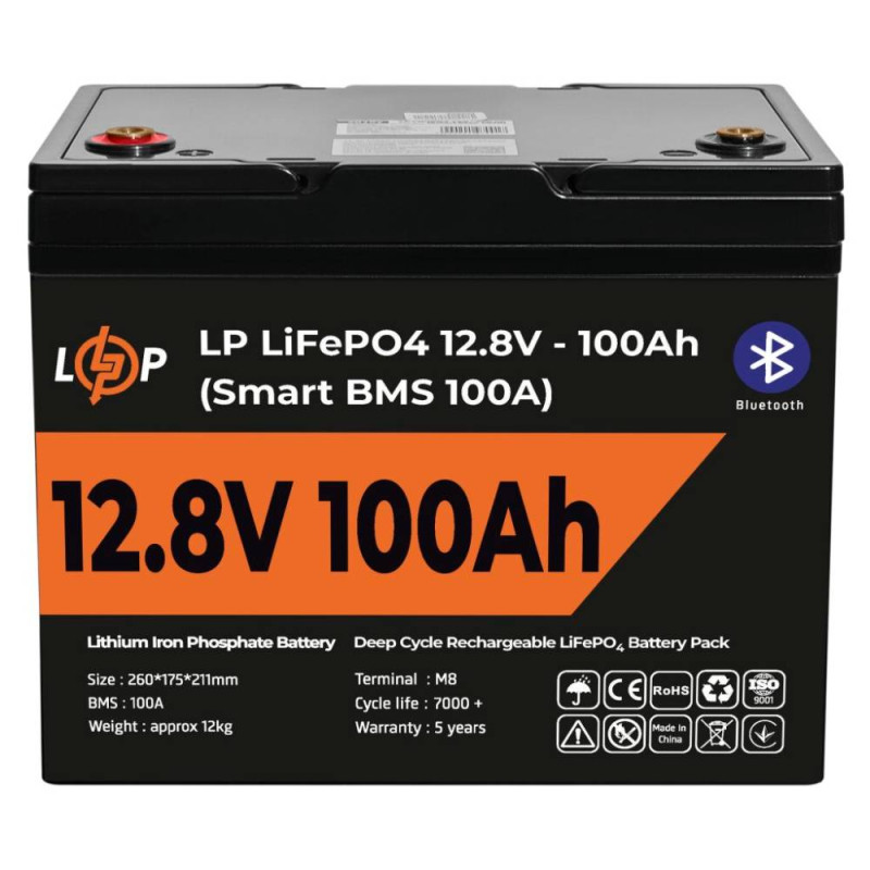 Купити Акумулятор LP LiFePO4 12V (12,8V) - 100 Ah (1280Wh) (Smart BMS 100А) з BT пластик. Системи безпеки для дому та офісу. Магазин RG-Group. Системи відеонагляду та охоронні сигналізації. Продаж та послуги встановлення
