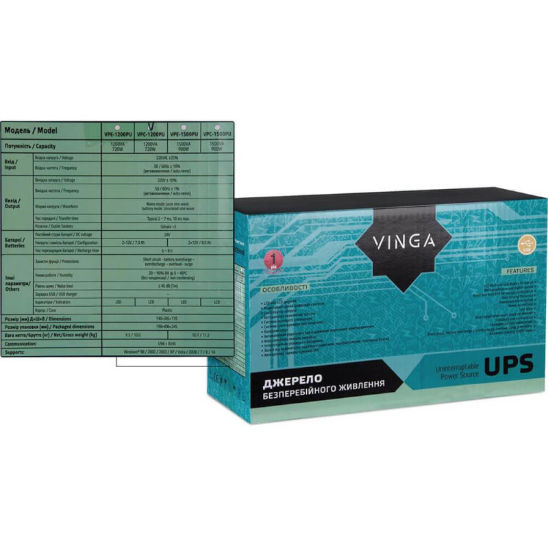 Джерело безперебійного живлення Vinga VPC-1200PU 1200ВА / 720 Вт з LCD-дисплеєм з USB у пластиковому корпусі