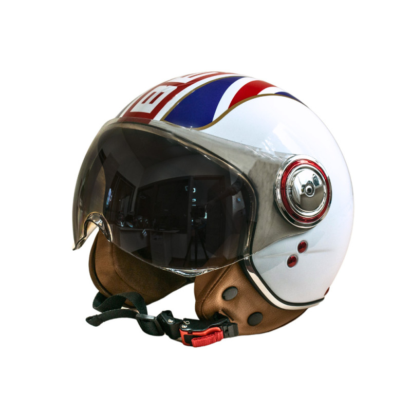Купити Мотошолом відкритий Beon B-110B FLAG SHINY WHITE/RED/BLUE (глянець білий/червоний/синій), розмір XL. Системи безпеки для дому та офісу. Магазин RG-Group. Системи відеонагляду та охоронні сигналізації. Продаж та послуги встановлення