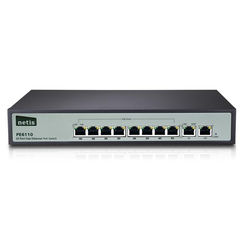 Купити PoE-комутатор NETIS PE6110 10PORT, 8PORT 10/100M POE. Системи безпеки для дому та офісу. Магазин RG-Group. Системи відеонагляду та охоронні сигналізації. Продаж та послуги встановлення