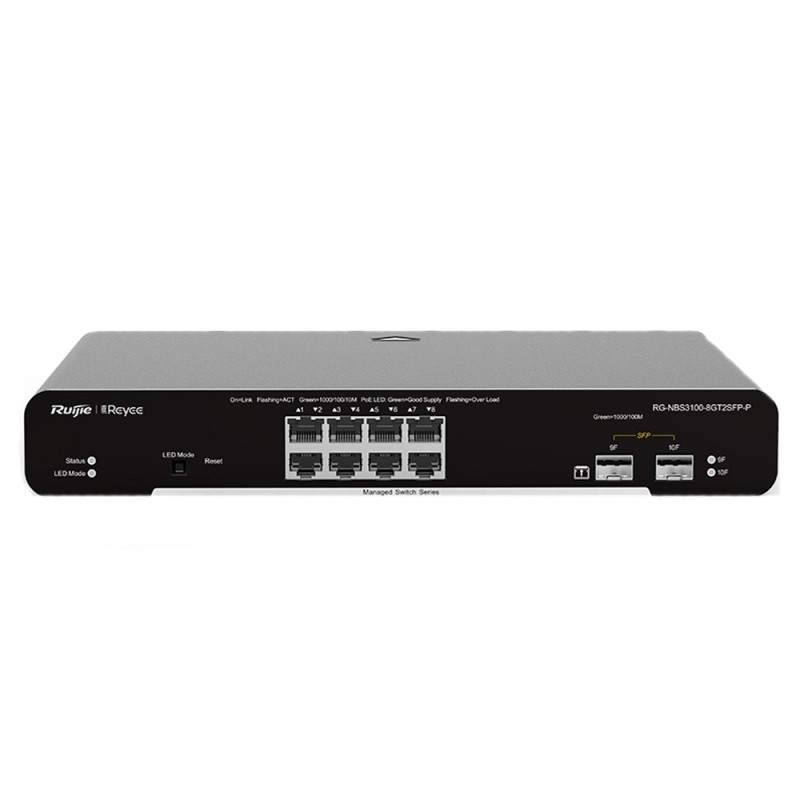 Купити PoE-комутатор Ruijie Reyee RG-NBS3100-8GT2SFP-P керований 10-портовий. Системи безпеки для дому та офісу. Магазин RG-Group. Системи відеонагляду та охоронні сигналізації. Продаж та послуги встановлення