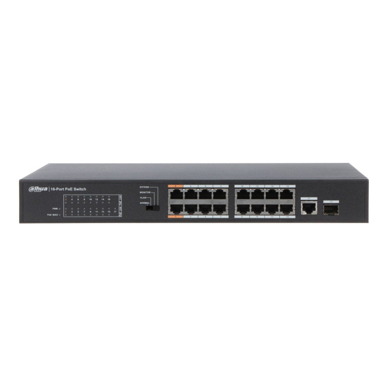 Купити Некерований 16-портовий PoE-комутатор Dahua DH-PFS3117-16ET-135. Системи безпеки для дому та офісу. Магазин RG-Group. Системи відеонагляду та охоронні сигналізації. Продаж та послуги встановлення