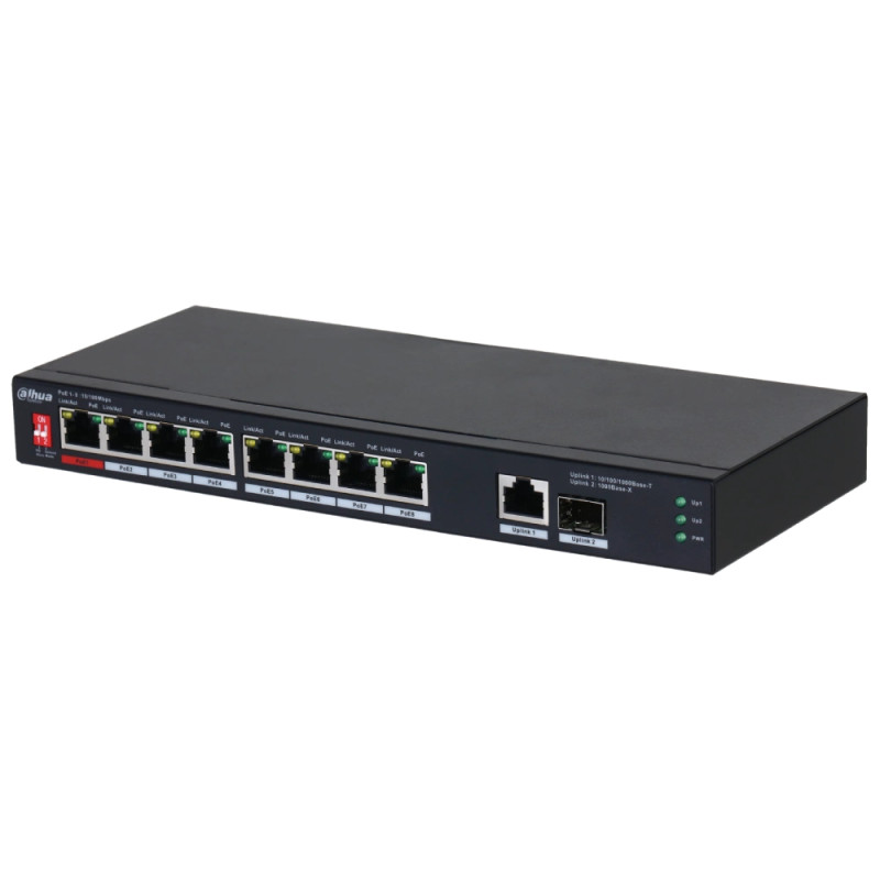 Купити Некерований 10-портовий POE комутатор Dahua DH-PFS3110-8ET1GT1GF-96 з 8 портами PoE. Системи безпеки для дому та офісу. Магазин RG-Group. Системи відеонагляду та охоронні сигналізації. Продаж та послуги встановлення