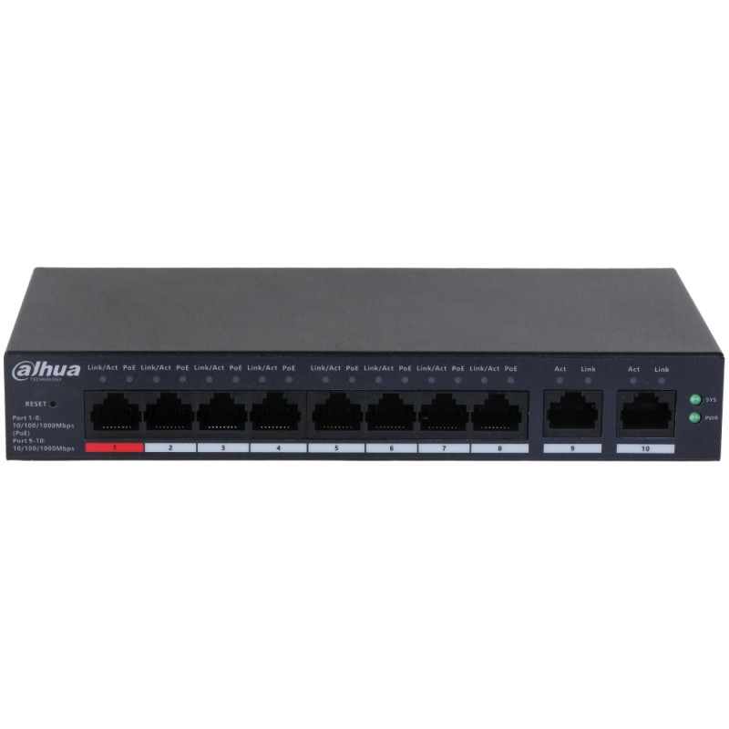 Купити Керований PoE-комутатор Dahua DHCS4010-8GT-110 з 8 портами PoE. Системи безпеки для дому та офісу. Магазин RG-Group. Системи відеонагляду та охоронні сигналізації. Продаж та послуги встановлення