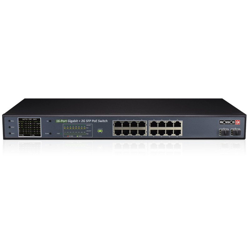 Купити Некерований PoE-комутатор Provision-ISR PoES-16250GCL+2SFP з 16 портами PoE. Системи безпеки для дому та офісу. Магазин RG-Group. Системи відеонагляду та охоронні сигналізації. Продаж та послуги встановлення