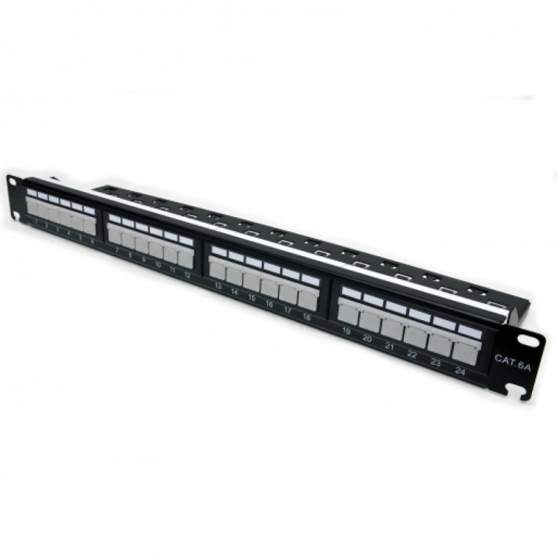 Купити Патч-панель CMS 19" 24xRJ-45 UTP, кат. 6a з організатором кабелю і пластиковими шторками. Системи безпеки для дому та офісу. Магазин RG-Group. Системи відеонагляду та охоронні сигналізації. Продаж та послуги встановлення